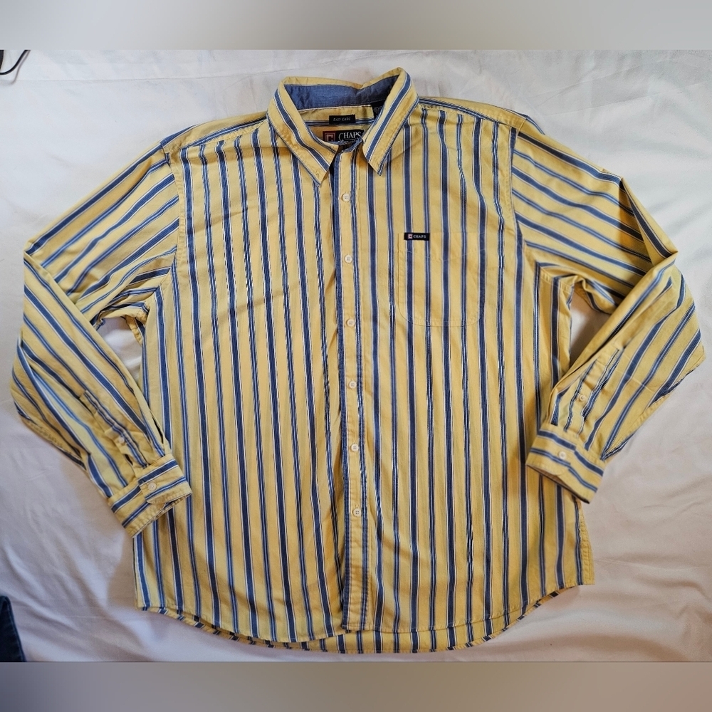 Chaps Mens Yellow & Blue Striped Easy Care Long Sleeve Button Shirt Size XXL